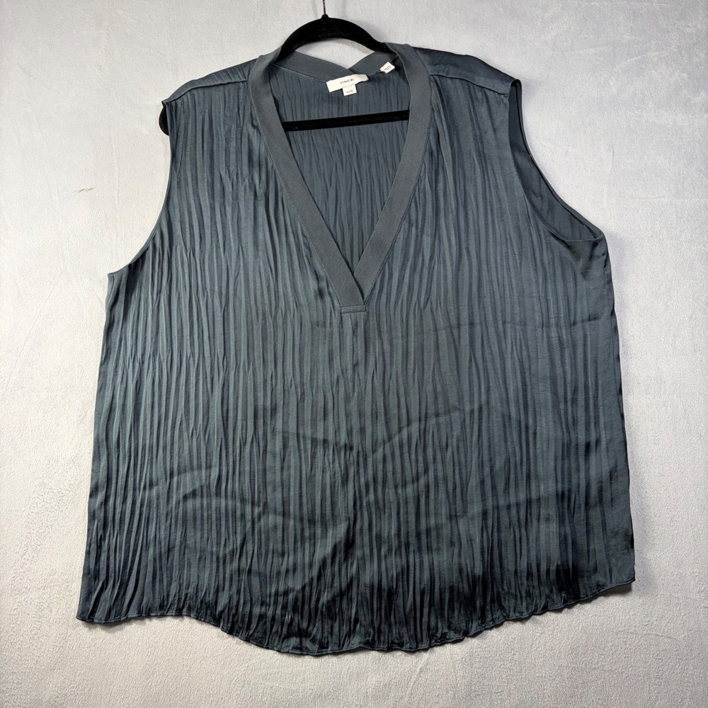 Vince Crinkle Satin V-Neck Sleeveless Top Slate Grey XL RN106730